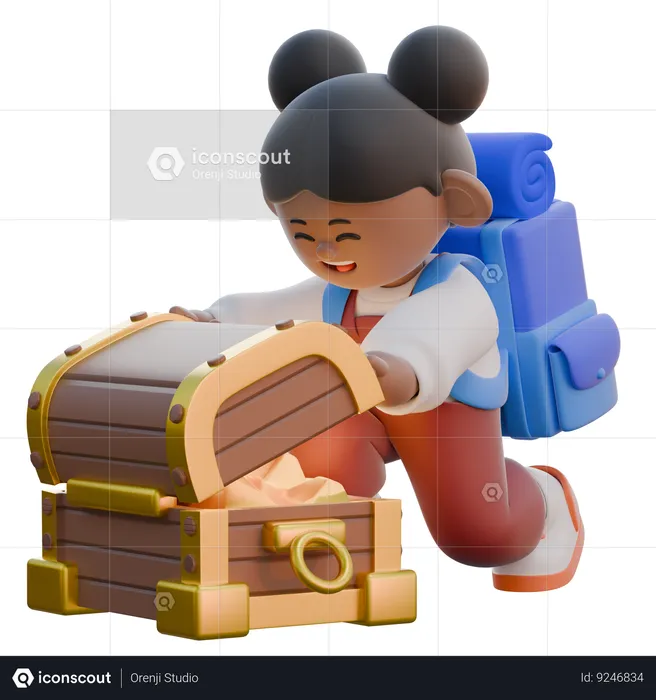Girl Opens a Treasure Chest  3D Illustration