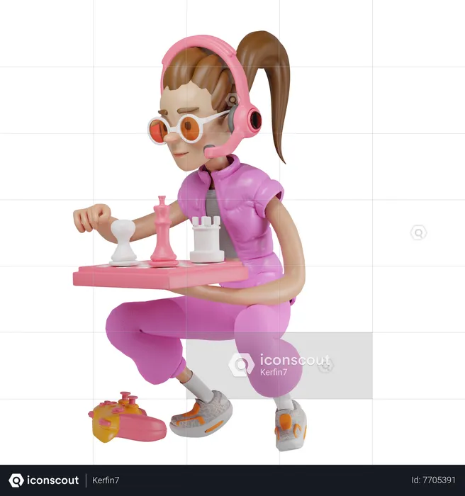Girl playing chess  3D Illustration