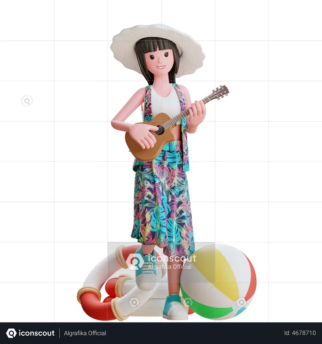 Girl Playing Guitar On Beach  3D Illustration