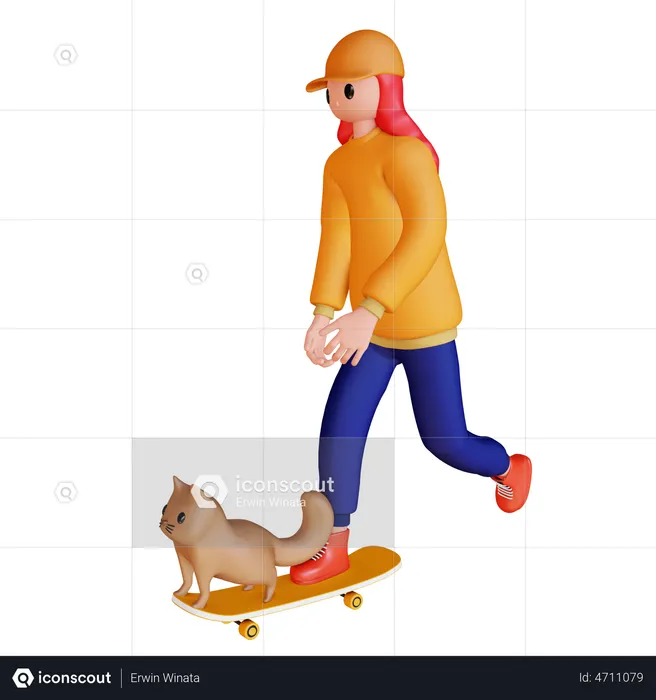 Girl Playing Skateboard with dog  3D Illustration