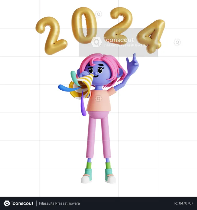 Girl playing trumpet at new year party  3D Illustration