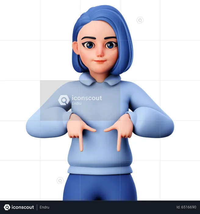 Girl Pointing Down side with Both Hand  3D Illustration