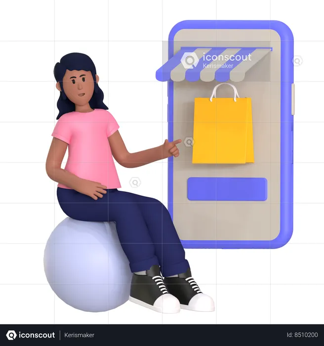 Girl Pointing Shopping App  3D Illustration