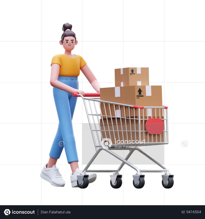 Girl Pushing Box Cart  3D Illustration