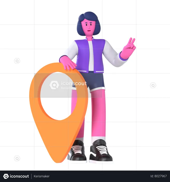 Girl reached at location point  3D Illustration
