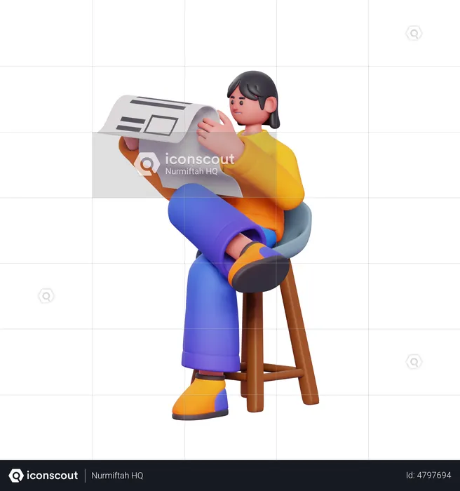 Girl Reading Newspaper  3D Illustration