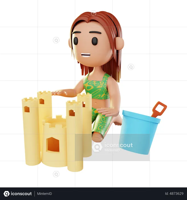 Girl relaxing on the beach playing sand castle  3D Illustration