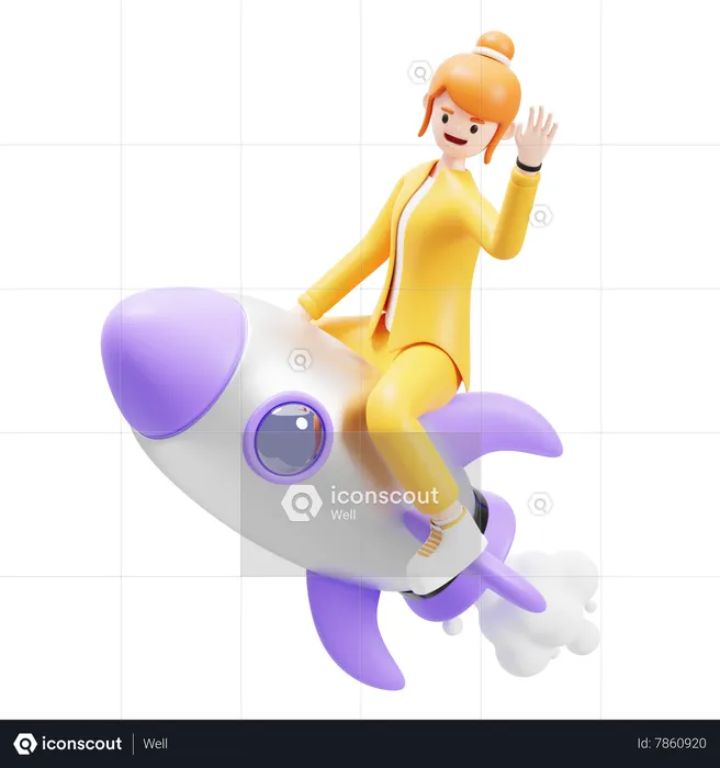 Girl Ride On Rocket  3D Illustration