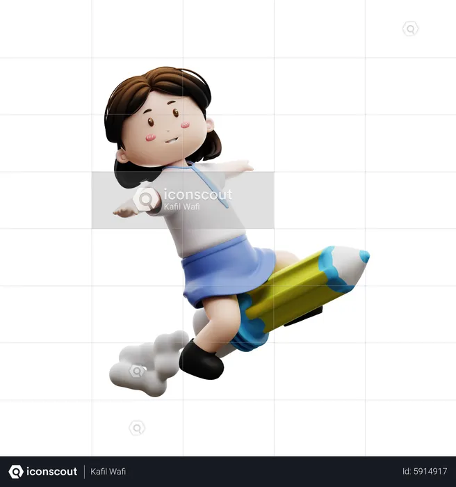 Girl riding a pencil rocket  3D Illustration