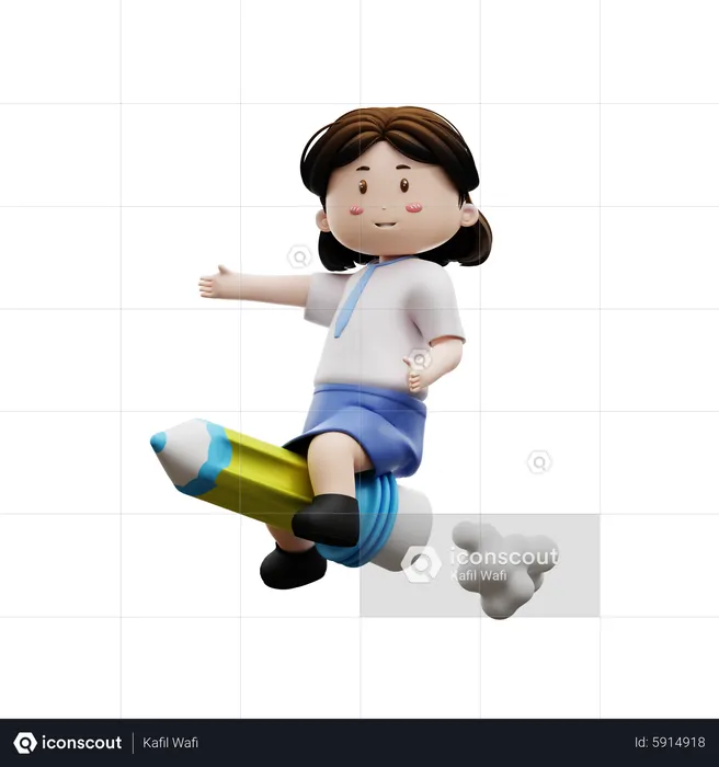 Girl riding a pencil rocket  3D Illustration