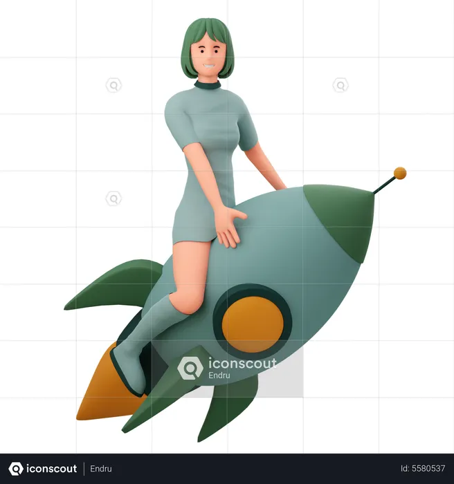 Girl Riding Business Rocket  3D Illustration