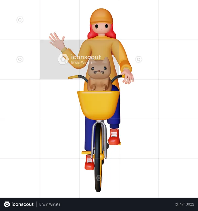 Girl Riding Cycle with his dog  3D Illustration