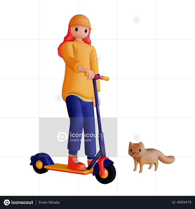 Girl riding electric scooter with cat  3D Illustration