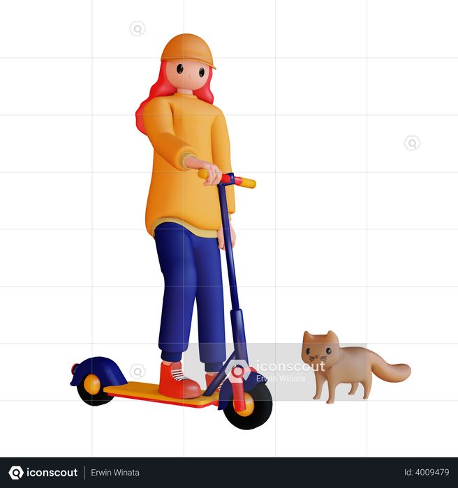 Girl riding electric scooter with cat 3D Illustration