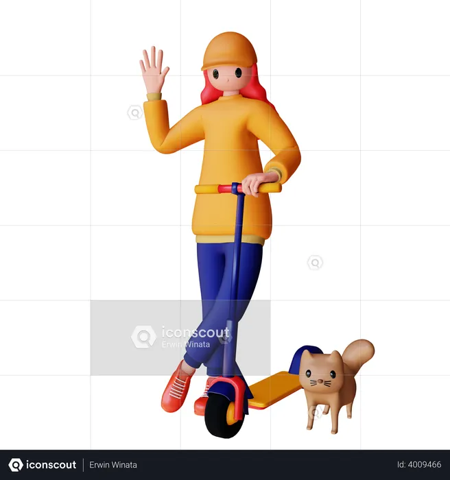 Girl riding electric scooter with cat  3D Illustration