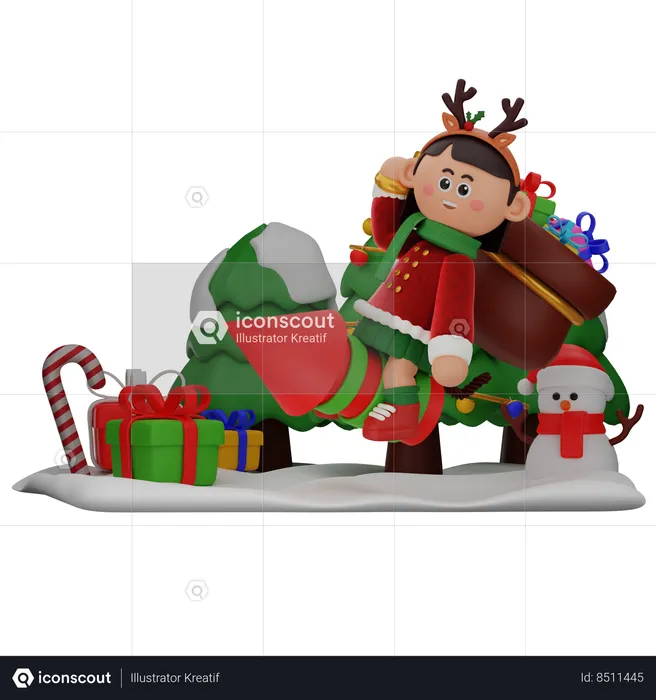 Girl Riding Firecracker While Bring Sack Of Gifts  3D Illustration