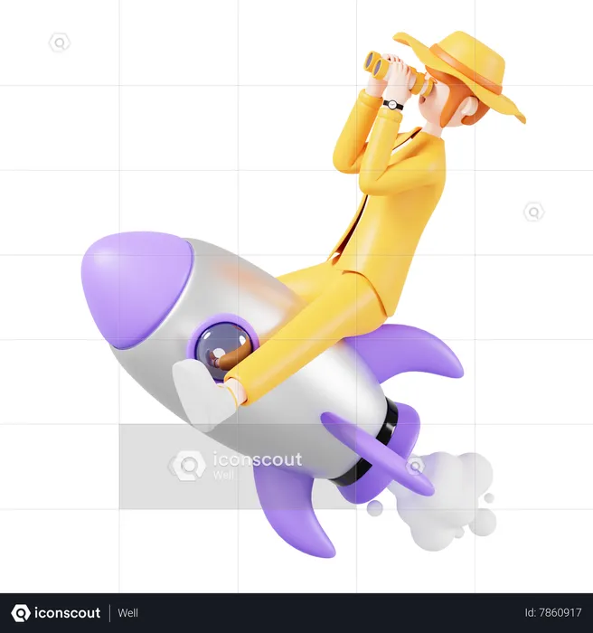 Girl Riding On Rocket And Looking Something From Telescope  3D Illustration