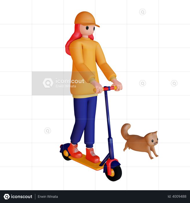 Girl riding scooter with cat 3D Illustration