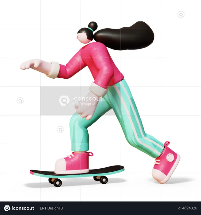 Girl riding skateboard  3D Illustration