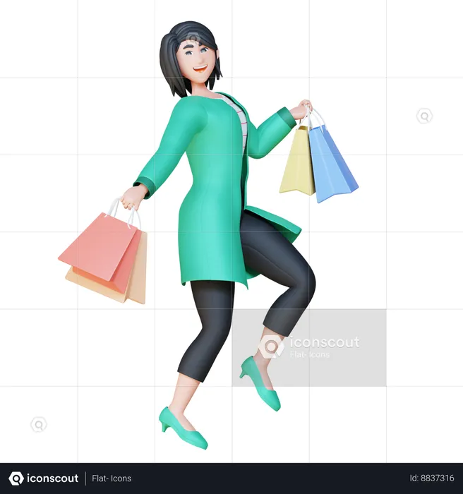 Girl Running With Shopping Bag  3D Illustration