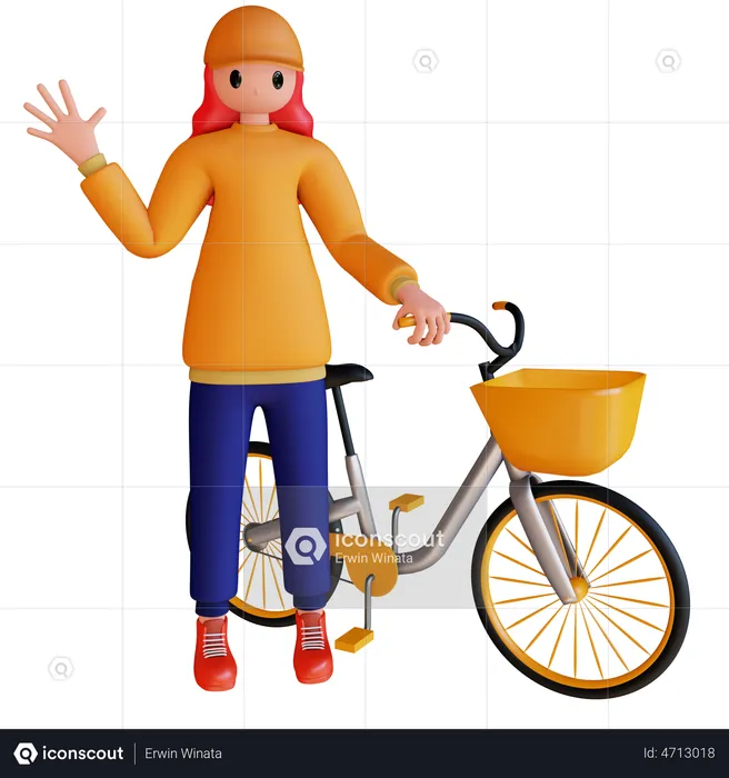 Girl say hello while holding bicycle  3D Illustration