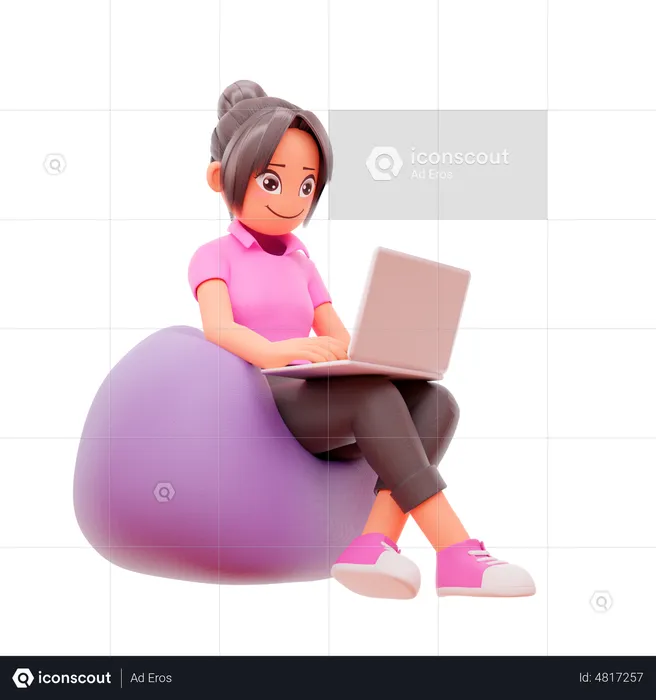 Girl seating on beanbag and working in laptop  3D Illustration