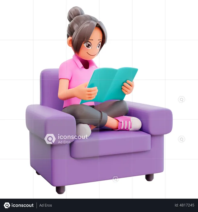 Girl seating on sofa and reading book  3D Illustration