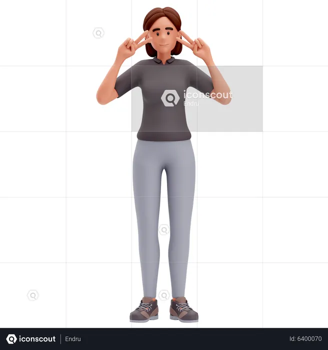 Girl Show Peace Sigh with both hand Near Eye  3D Illustration