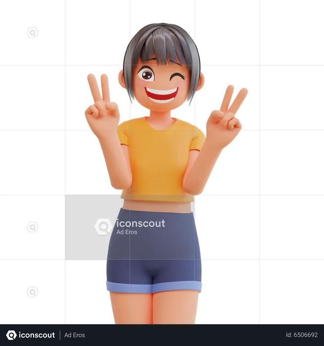 Girl show peace sign gesture laughing with smiling pose  3D Illustration