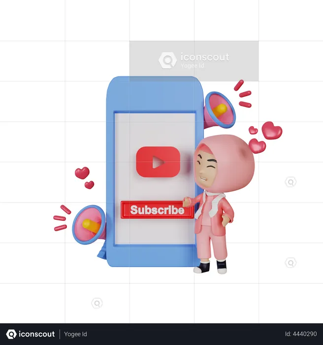 Girl showing mobile screen with subscribe button  3D Illustration
