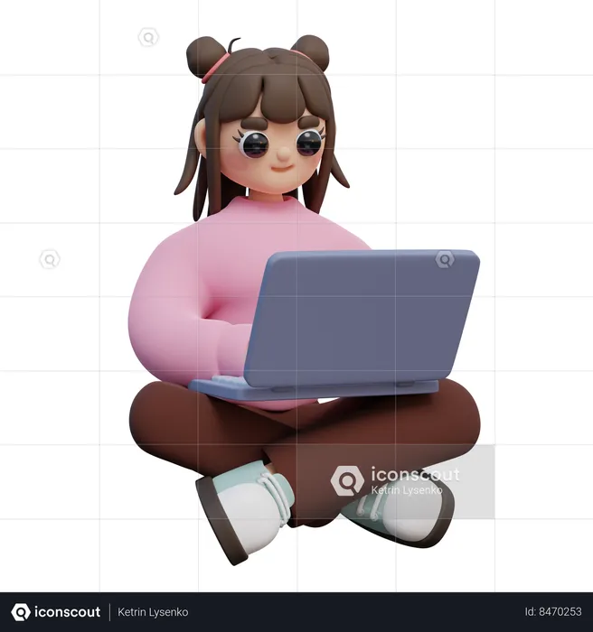 Girl Sit And Holding Laptop  3D Illustration