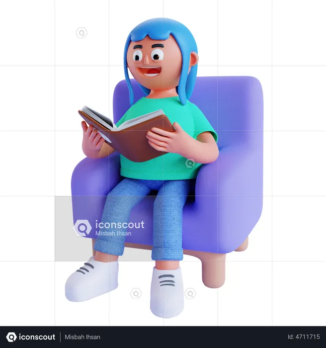 Girl sit on sofa and reading book  3D Illustration