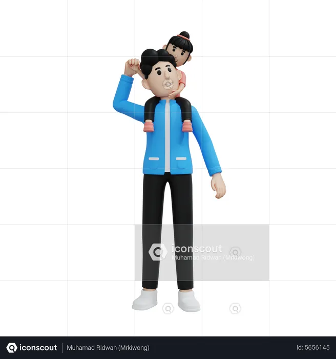 Girl Siting On Father Shoulder  3D Illustration