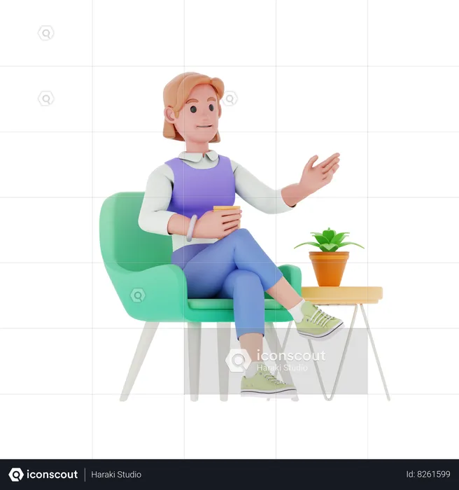 Girl Sitting And Drinking Tea  3D Illustration