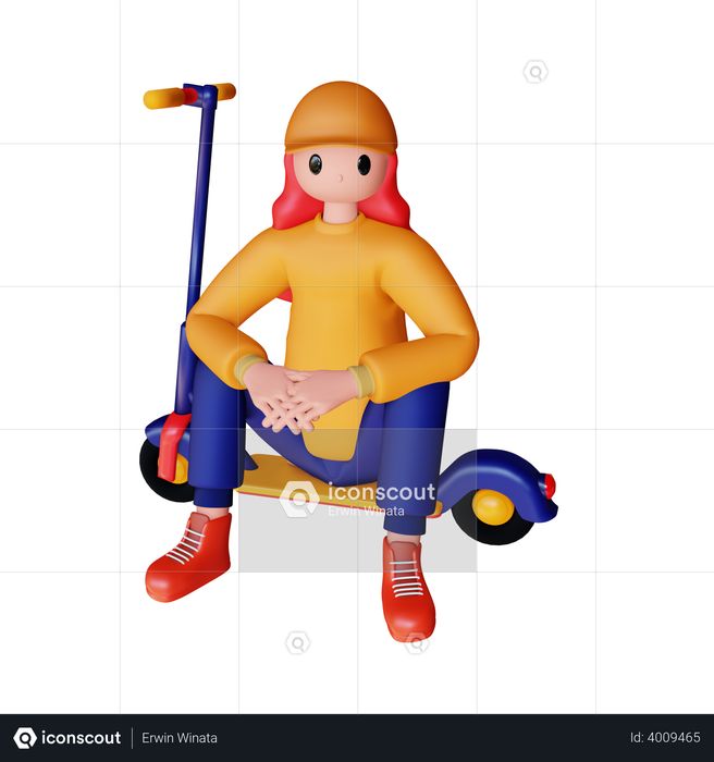 Girl sitting on electric scooter 3D Illustration