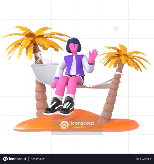 Girl sitting on hammock on coconut tree  3D Illustration