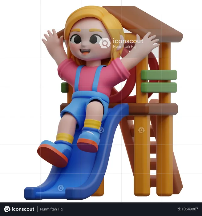 Girl Sliding On Playground Slide  3D Illustration