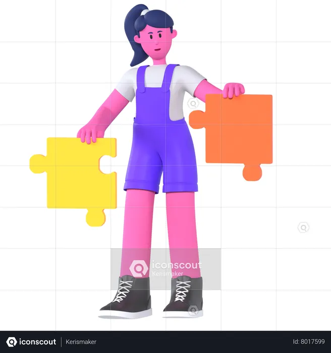 Girl Solving Jigsaw Puzzle  3D Illustration