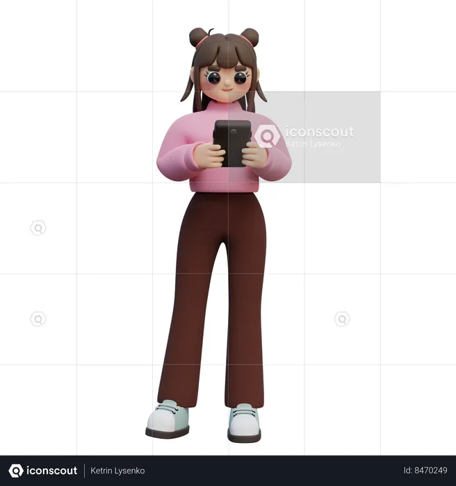 Girl Standing And Look At Smartphone  3D Illustration