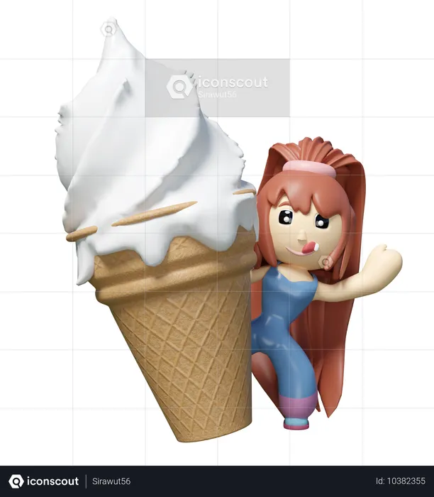 Girl standing next to big ice cream  3D Icon