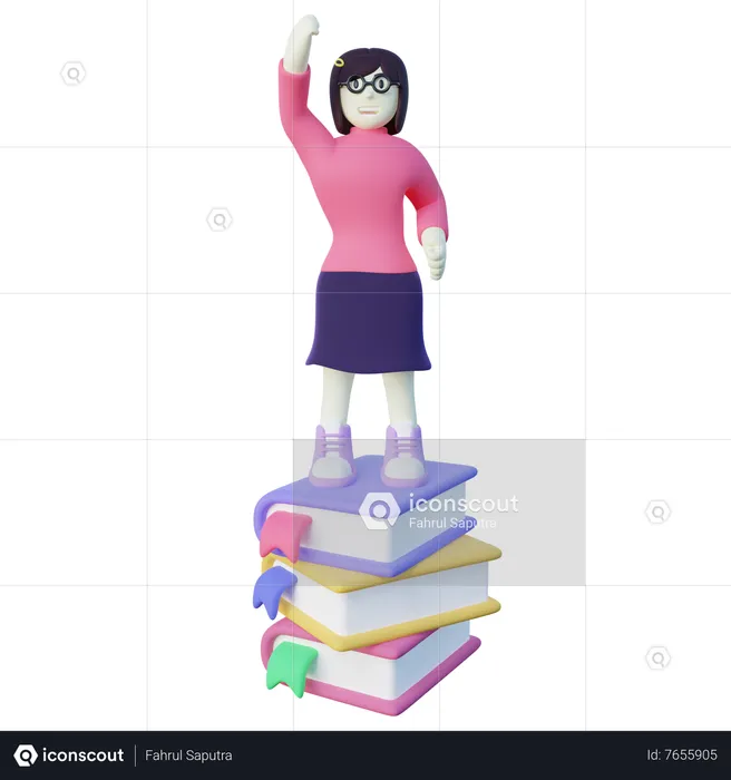 Girl Standing on Stacked Books  3D Illustration