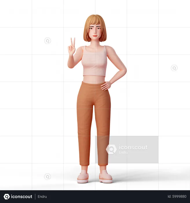 Girl standing while Making Peace Gesture  3D Illustration