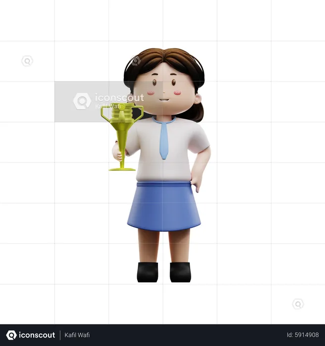 Girl student holding trophy  3D Illustration