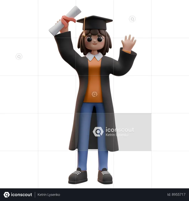 Girl Student Is Holding Graduation Diploma And Wave Hand  3D Illustration