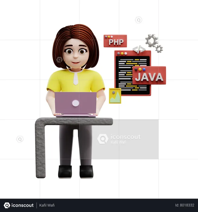 Girl student learning programming  3D Illustration