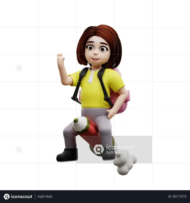 Girl student riding rocket pencil  3D Illustration