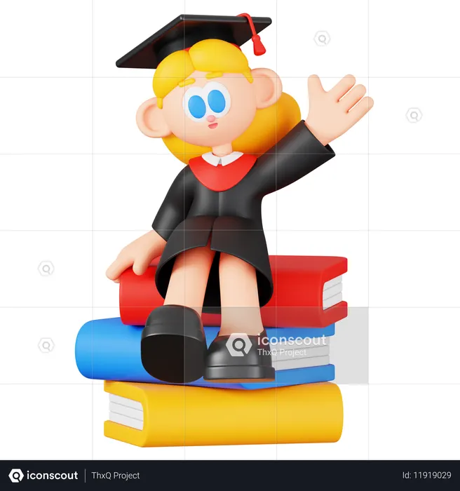 Girl Student Siting On Books  3D Illustration