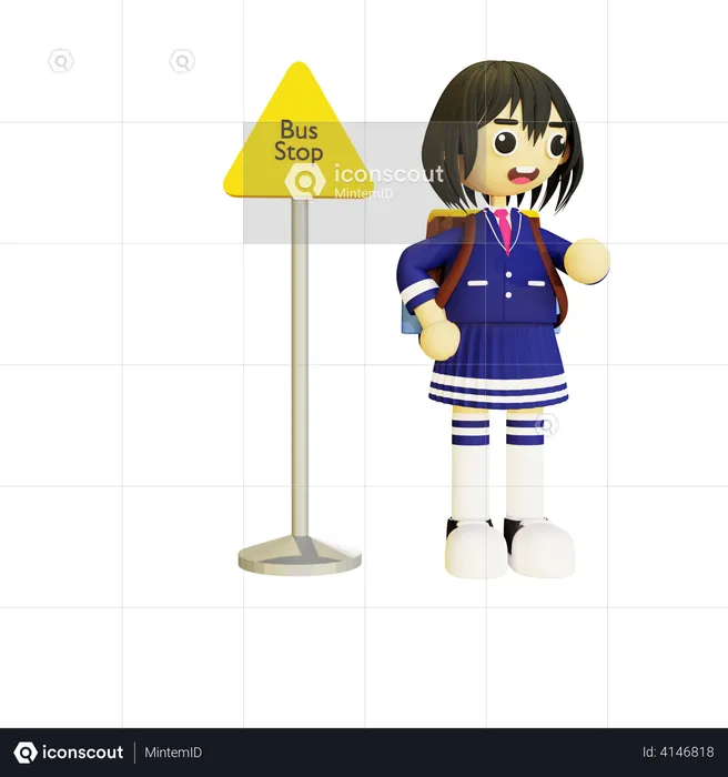 Girl student standing at bus stop  3D Illustration