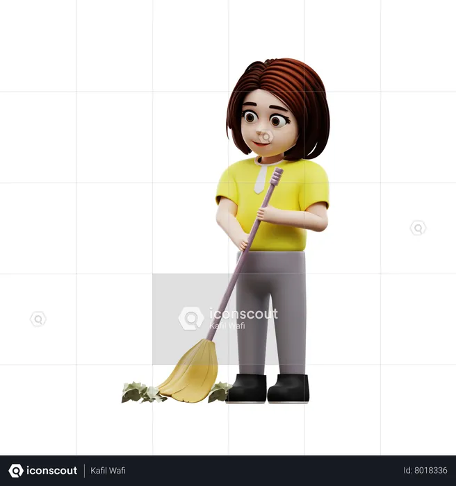 Girl student sweeping  3D Illustration