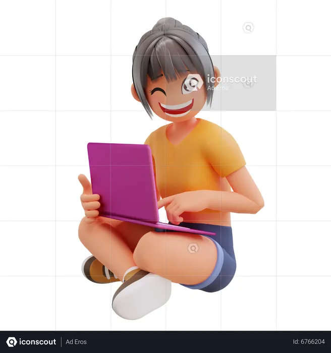 自宅でノートパソコンを使って勉強する少女  3D Illustration